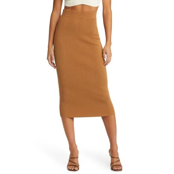 Open Edit Rib Pencil Midi Length Knit Skirt Stretch Size S Tan Dale - Picture 1 of 4